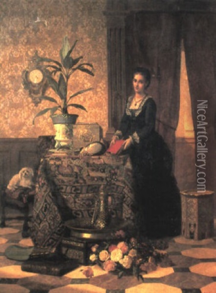 A Woman In An Interior With A Vase Of Flowers Oil Painting - David Emile Joseph de Noter