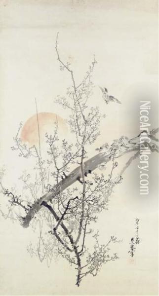 Sparrows On Plum Branch At Sunset Oil Painting - Shibata Zeshin