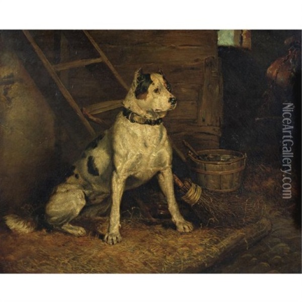 A Dog In A Stable Oil Painting - Sir Edwin Henry Landseer