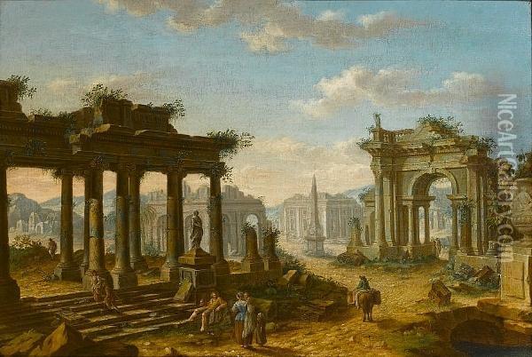 Capriccio
 Of Ruins With Figures Resting Beneath A Classical Portico Oil Painting - Josef Platzer