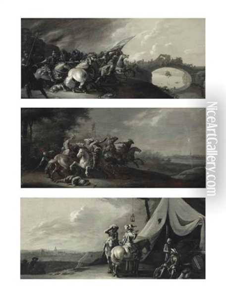 The Battle Of The Amazons; A Cavalry Skirmish; And A Cavalry Encampment By A Besieged Town; En Grisaille (3 Works) Oil Painting - Jan de Martszen the Younger