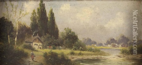 Bauerin Vor Gehoft Am Flussufer Oil Painting - Adolf Kaufmann