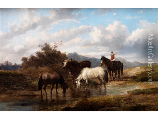 Trinkende Pferde Und Rind Sowie Reiter Und Pferd Oil Painting - Alexis de Leeuw