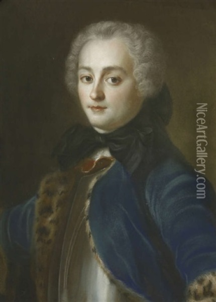 Portrait Of Monsieur Cailloux, Half Length, In A Blue Fur-trimmed Coat Oil Painting - Maurice Quentin de La Tour