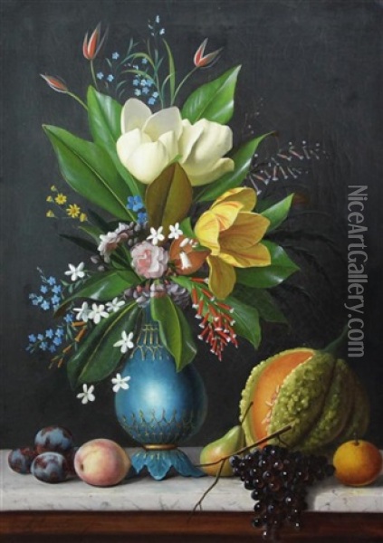Still Life Of Flowers In A Vase And Fruit On A Marble Ledge Oil Painting - Michelangelo Meucci