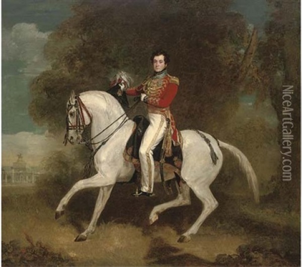 Portrait Of An Officer (the Aide-de-camp To Wellington?) In The Richly Gold-embroidered Scarlet Uniform, Mounted On A Grey Horse Oil Painting - Alfred F. De Prades