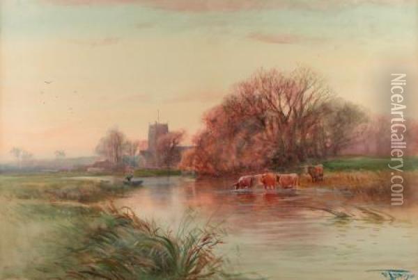 By The Stream, Evening Oil Painting - Henry Charles Fox