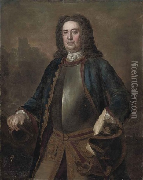 Portrait Of Major General Richard St. George In A Blue Coat And Breast Plate, A Tricorn In His Left Hand, His Right Hand On A Canon, A Castle Beyond Oil Painting - Stephen Slaughter
