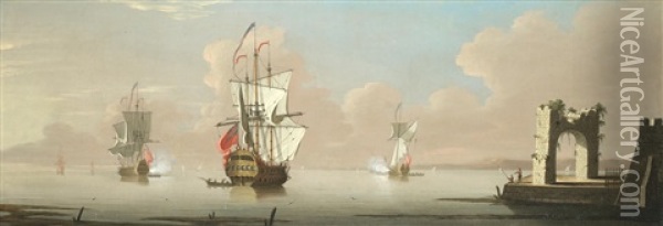 A Capriccio Of British Men O'war Firing Salutes With Other Vessels In Calm Waters Off A Harbour Oil Painting - Peter Monamy