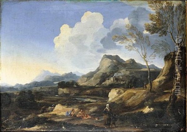 An Italianate Landscape With A River And Rustic Buildings, Classical Figures And Travellers In The Foreground Oil Painting - Gaspard Dughet