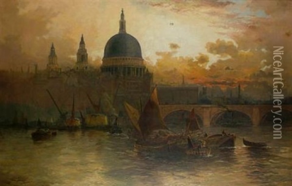 St. Paul's From The Thames At Sunset Oil Painting - Edward Henry Eugene Fletcher
