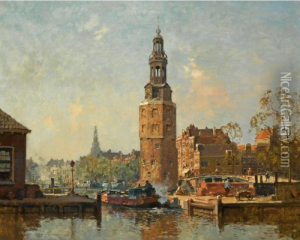 A View Of The Montelbaanstoren, Amsterdam Oil Painting - Cornelis Vreedenburgh