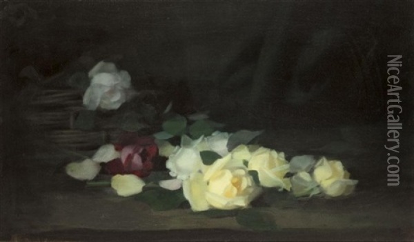 Roses With A Wicker Basket Oil Painting - Stuart James Park