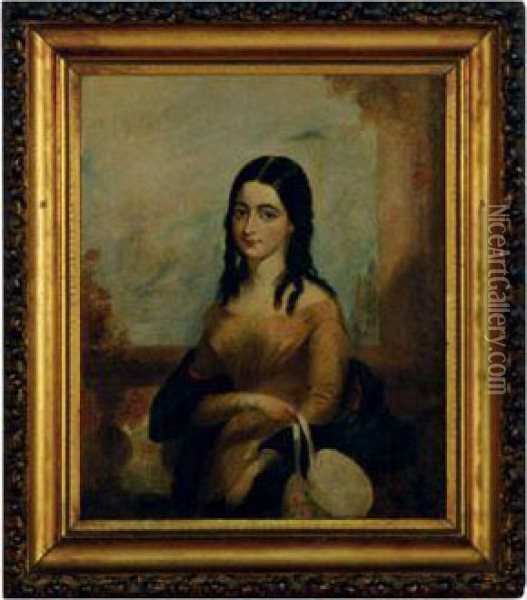 Portrait Of A Lady Wearing A Yellow Dress Holding Her Bonnet Oil Painting - J.L. I. Lauding