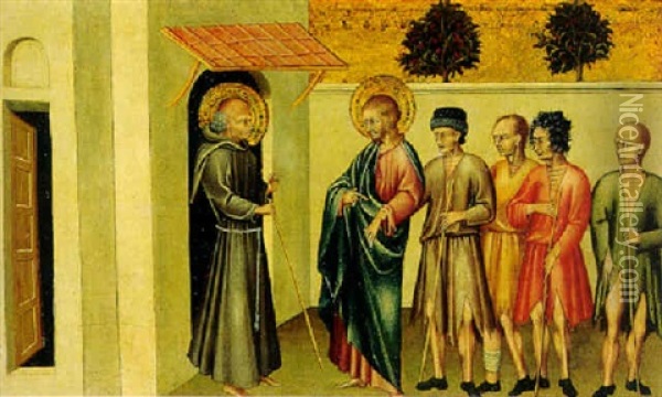 A Franciscan Saint Meeting Saint James The Greater And Pilgrims Oil Painting -  Giovanni di Paolo