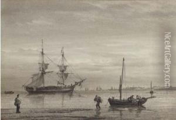 A Trading Brig Lying At Anchor Off Yarmouth Oil Painting - William Joy