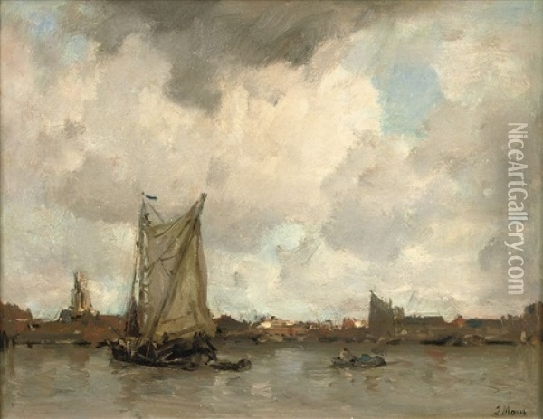 Havengezicht (a River Landscape, A Town Beyond) Oil Painting - Jacob Henricus Maris