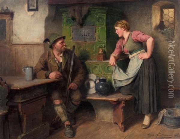 Bursch Und Madel Am Ofen (gossiping By The Stove) Oil Painting - Hugo Wilhelm Kauffmann