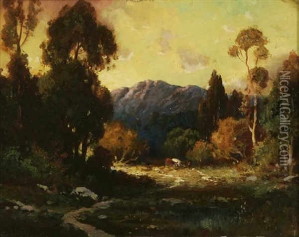 Landscape, Cows Watering Oil Painting - Alexis Matthew Podchernikoff