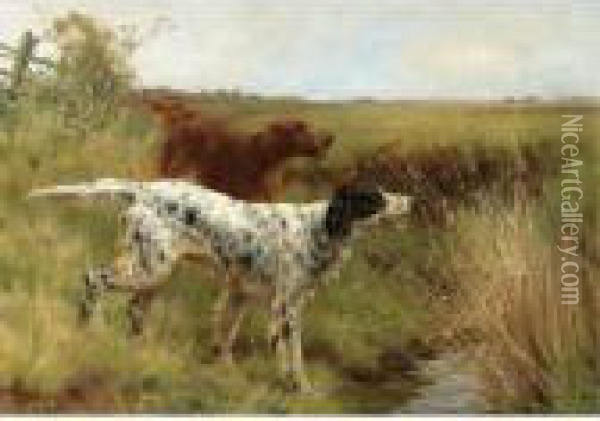 An English And An Irish Setter In A Landscape Oil Painting - Thomas Blinks