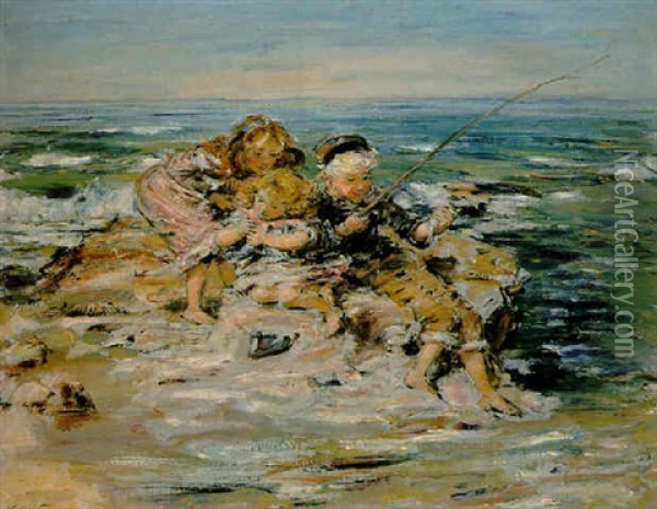 Children Fishing By The Shore Oil Painting - William McTaggart