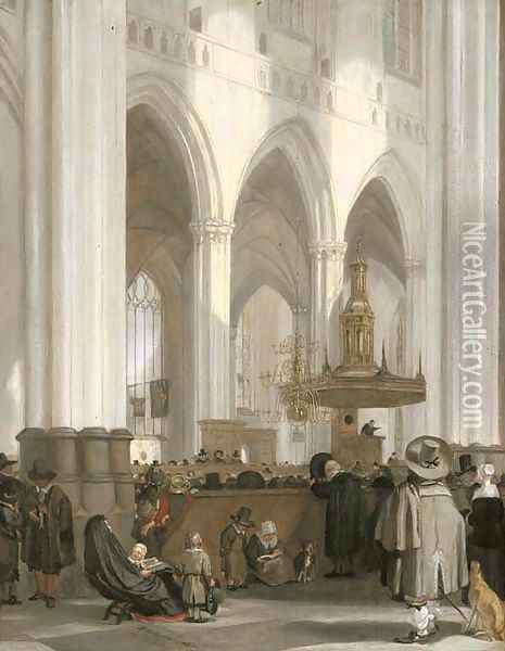 The interior of the Nieuwe Kerk, Amsterdam, looking north-east, with a sermon in progress Oil Painting - Emanuel de Witte