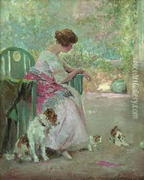 Playful Pets Oil Painting - Joseph W. Gies