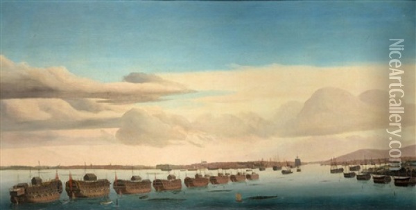 Prison Hulks Lying In Portsmouth Harbour At Dusk Oil Painting - Ambroise Louis Garneray