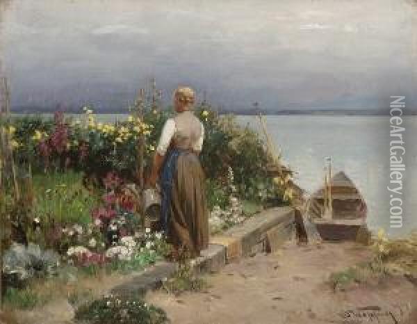 Im Blumengarten Auf Der
 Fraueninsel. Oil Painting - Josef Wopfner