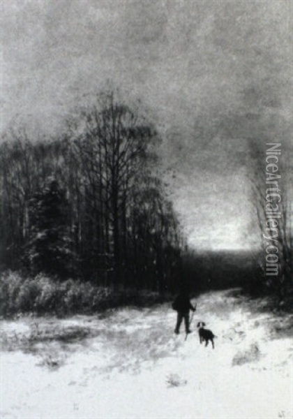 Man And His Dog On Snow Covered Lane Oil Painting - William Frederick Hulk