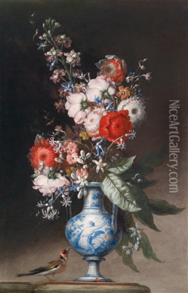 Blumenstraus In Einer Blau Bemalten Tonvase Und Mit Einer Meise / Un Vaso Di Fiori Con Una Cincia Oil Painting - Nicola Malinconico