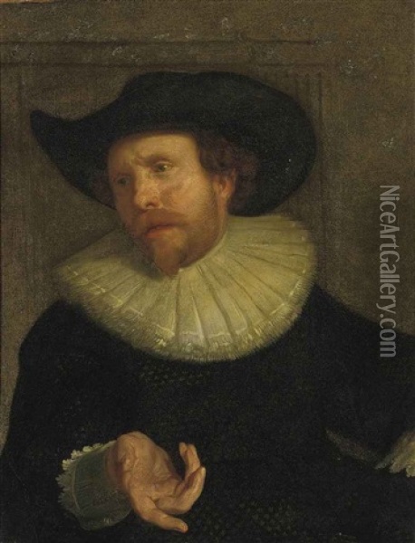 Portrait Of A Gentleman In A Black Cloak And Hat Oil Painting - Bartholomeus Van Der Helst