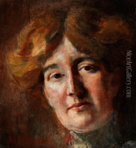 Kopfbildnis Einer Dame Mit Rotlich Braunem Haar Und Grunem Halskragen Oil Painting - Josef Mehoffer