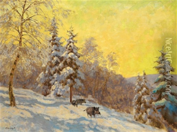 Wildschweine Im Winterwald Oil Painting - Ferenc Olgyay