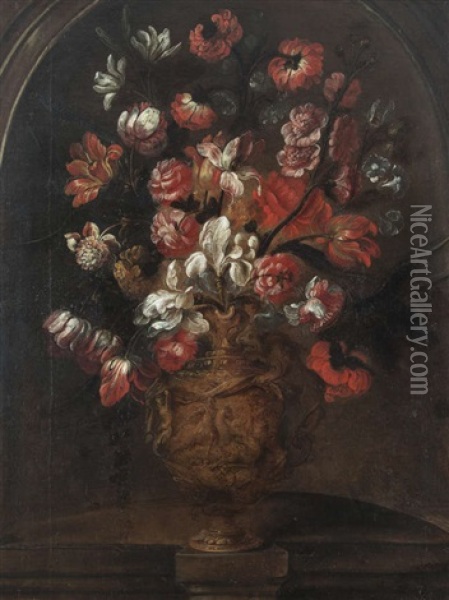 Tulips And Other Flowers, In Mannerist Ewers Set In Niches (a Pair) Oil Painting - Gaspar Pieter Verbruggen the Younger