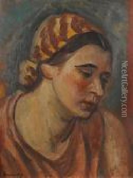 Portrait Of A Lady Wearing A Head Scarf Oil Painting - Bernard Meninsky