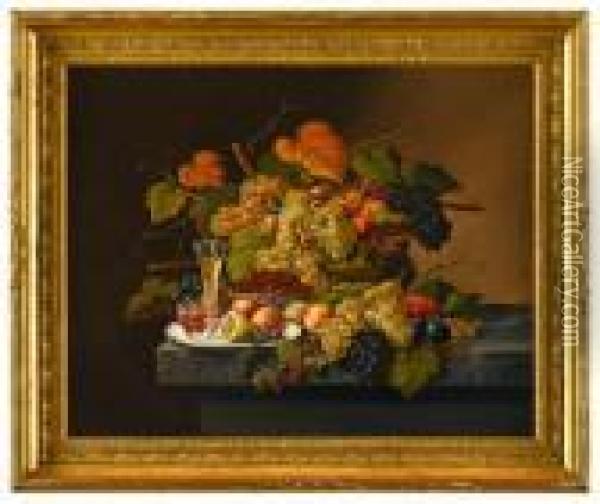 Abundant Still Life With Fruit And Glass Of Wine Oil Painting - Severin Roesen