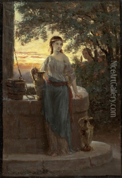 Junger Mann Beobachtet Madchen Am Brunnen Oil Painting - Karl von Blaas