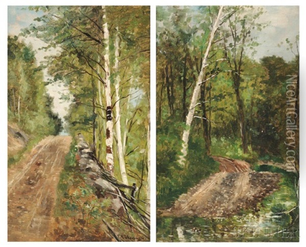 Two Landscapes: Old Road In Jackson N.h And Country Road With Birch Trees Oil Painting - Frank Henry Shapleigh
