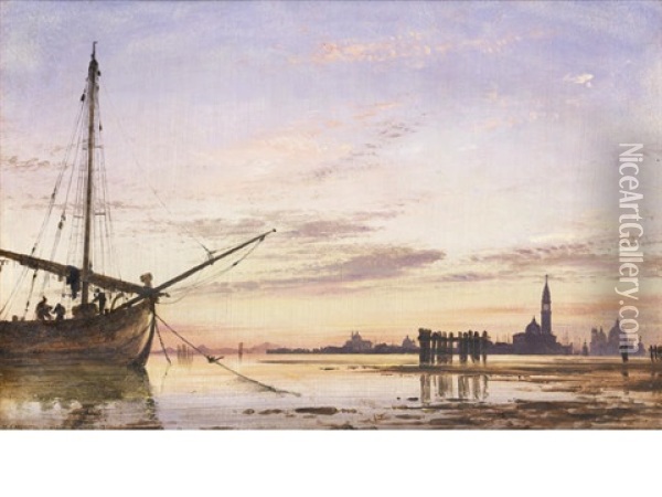 View Across The Lagoon, Venice, Sunset Oil Painting - Edward William Cooke