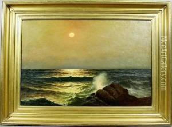 A Moonlit Coastal Scene Oil Painting - Dey De Ribcowsky