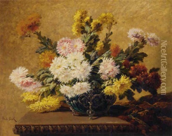 Chrysanthemums In An Ornate Vase On A Table Oil Painting - Paul Biva