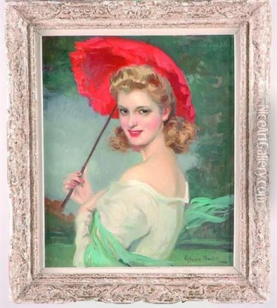 Portrait De Jeune Femme A L'ombrelle Rouge Oil Painting - Cyprien Eugene Boulet