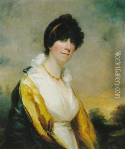 Portrait Of Mrs. John Corbet, Nee Piggott Of Chetwynd, Half Length, Standing In A Landscape Oil Painting - Sir John Hoppner