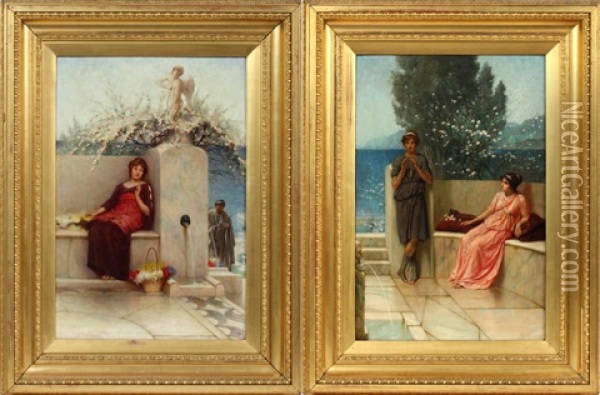 Figures In Grecian Style Scenes (2 Works) Oil Painting - Alfred C. Weatherstone