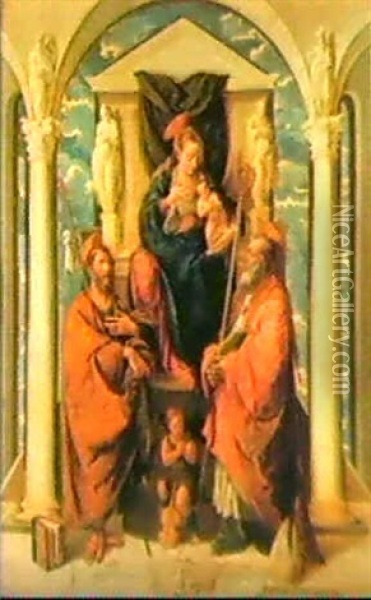 The Madonna And Child Enthroned, Flanked By Saints James Thegreater And Prosdocimus Of Padua Oil Painting - Pietro (lo Spada) Marescalco