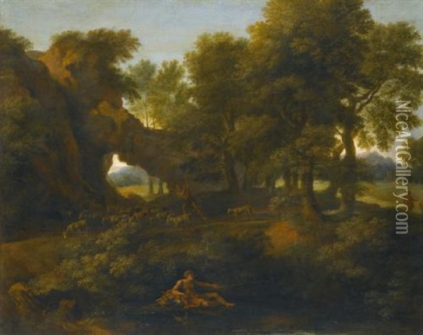 A Classical Landscape With A Fisherman In The Foreground And A Herder With Goats On The Path Beyond Oil Painting - Gaspard Dughet