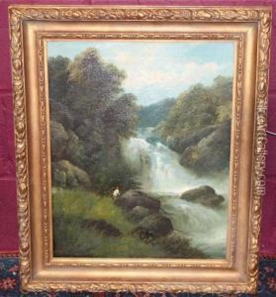 Study Ofa Fisherman Beside A Waterfall Oil Painting - George B. Yarnold