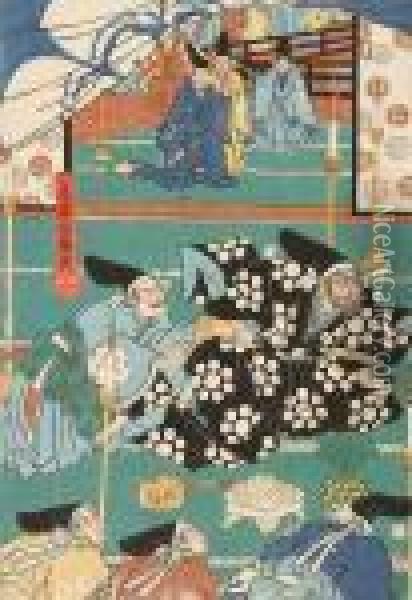 Acteurs Sur Scene Et Daimyo Oil Painting - Utagawa Toyokuni Iii