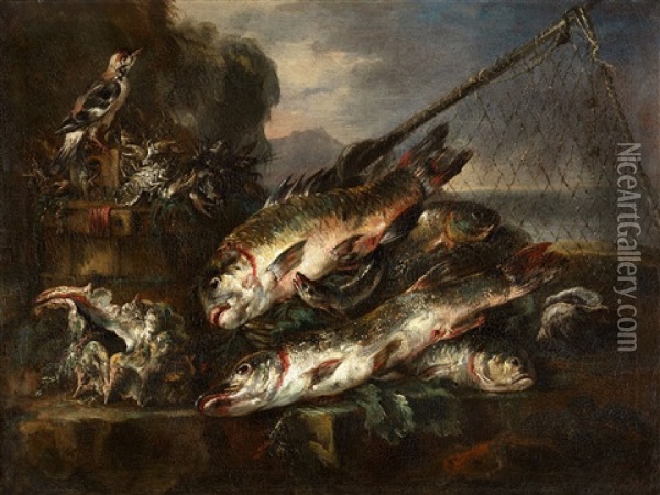 Still Life With Fish Still Life With Birds Oil Painting - Felice Boselli